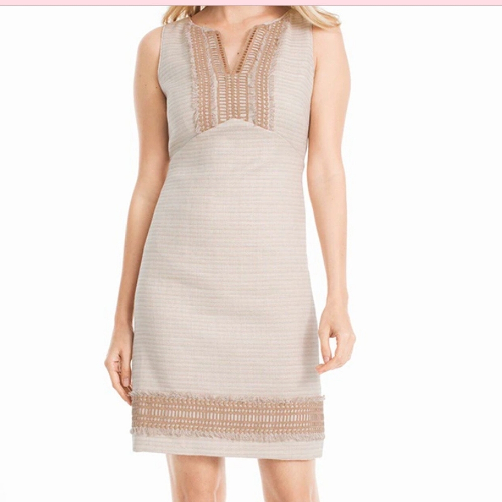 WHBM Tweed Sheath Beige Tan Dress, Size 6, Seelves embroidery neckline